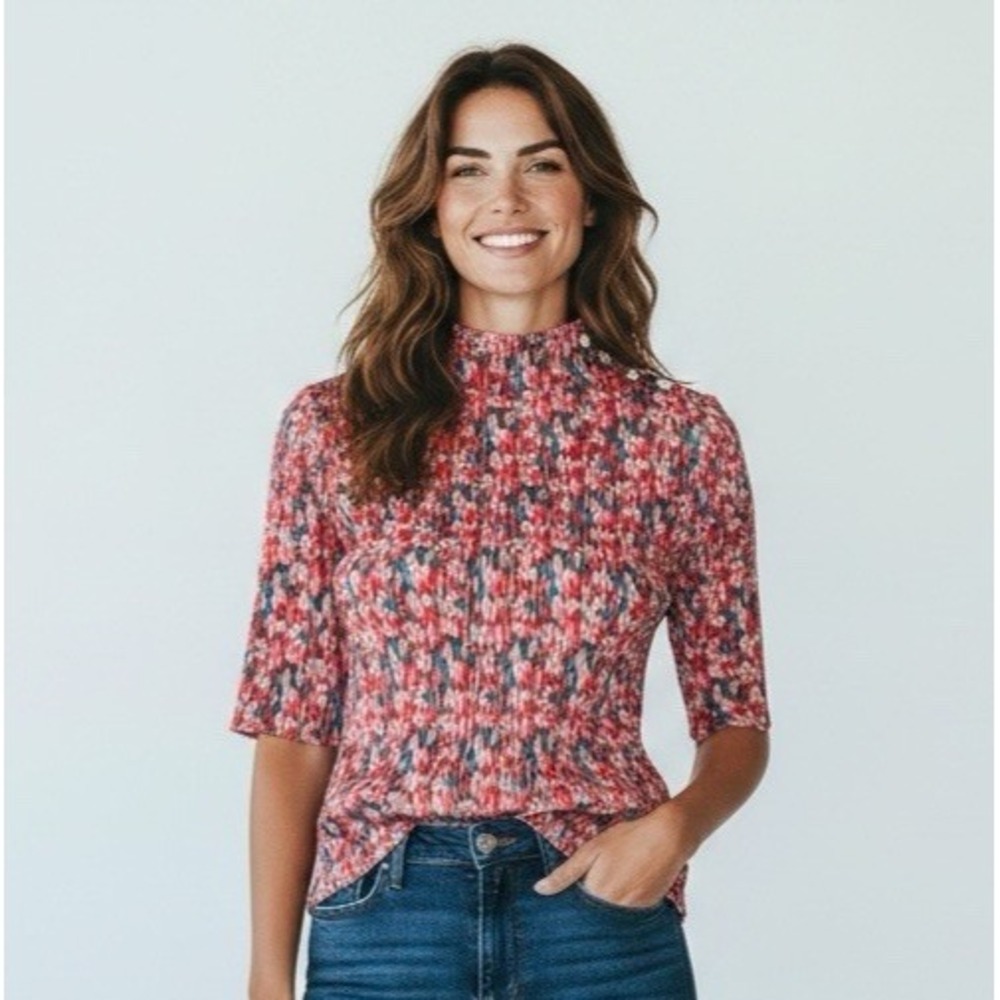 Eva Franco Women's M Plsse Pleated Top Semi-Sheer Mockneck Pink Floral EUC